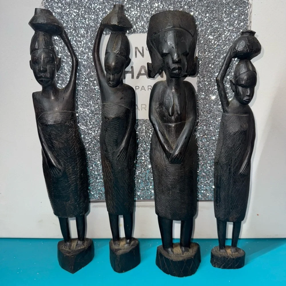 4pcs Wood African Vintage With Hand Carved Tribal Statue - Picture 7 of 14